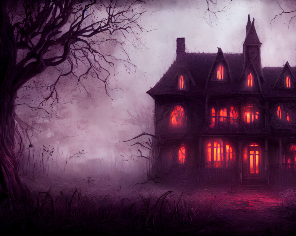 Victorian mansion at dusk with red lights, mist, and bare trees