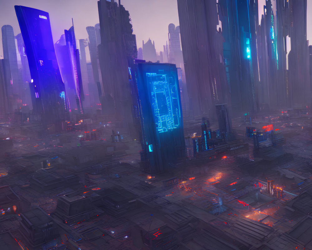 Neon-lit skyscrapers in futuristic cityscape at twilight