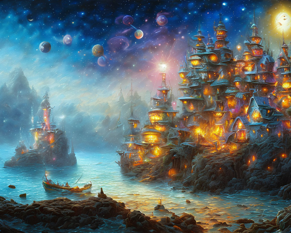 Fantastical seascape with illuminated castle-like structures and planets above.