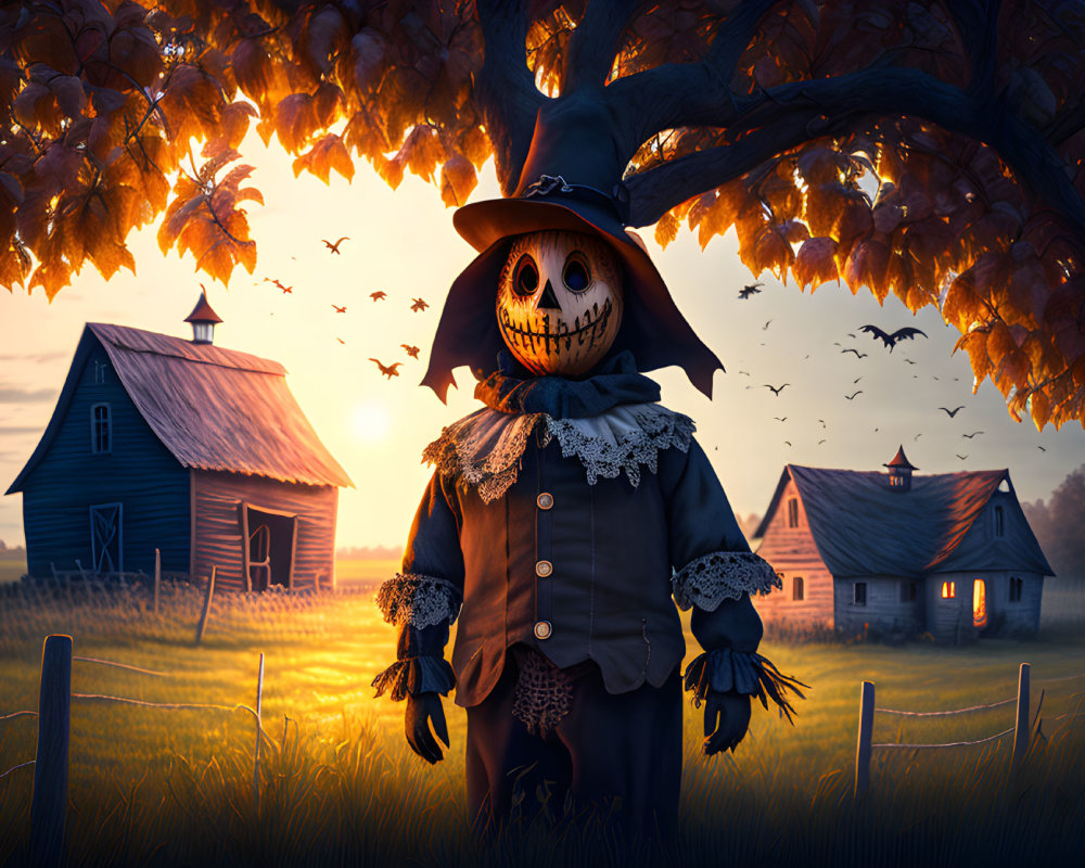 Menacing scarecrow with pumpkin head in field at sunset