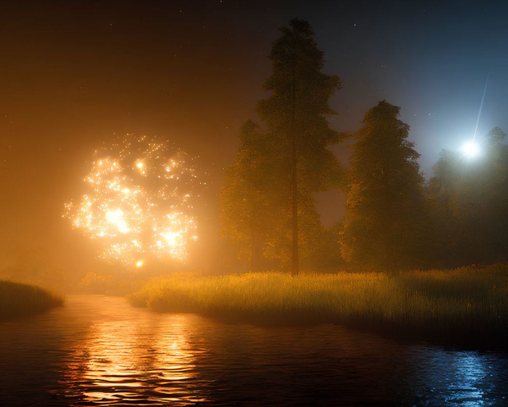 Night landscape with meteor, forest, river, and orange explosion.