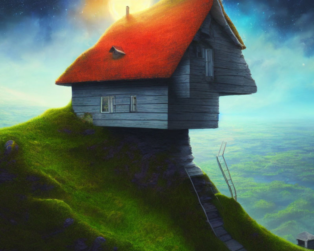 Whimsical house on grassy hill under starry sky with ladder.