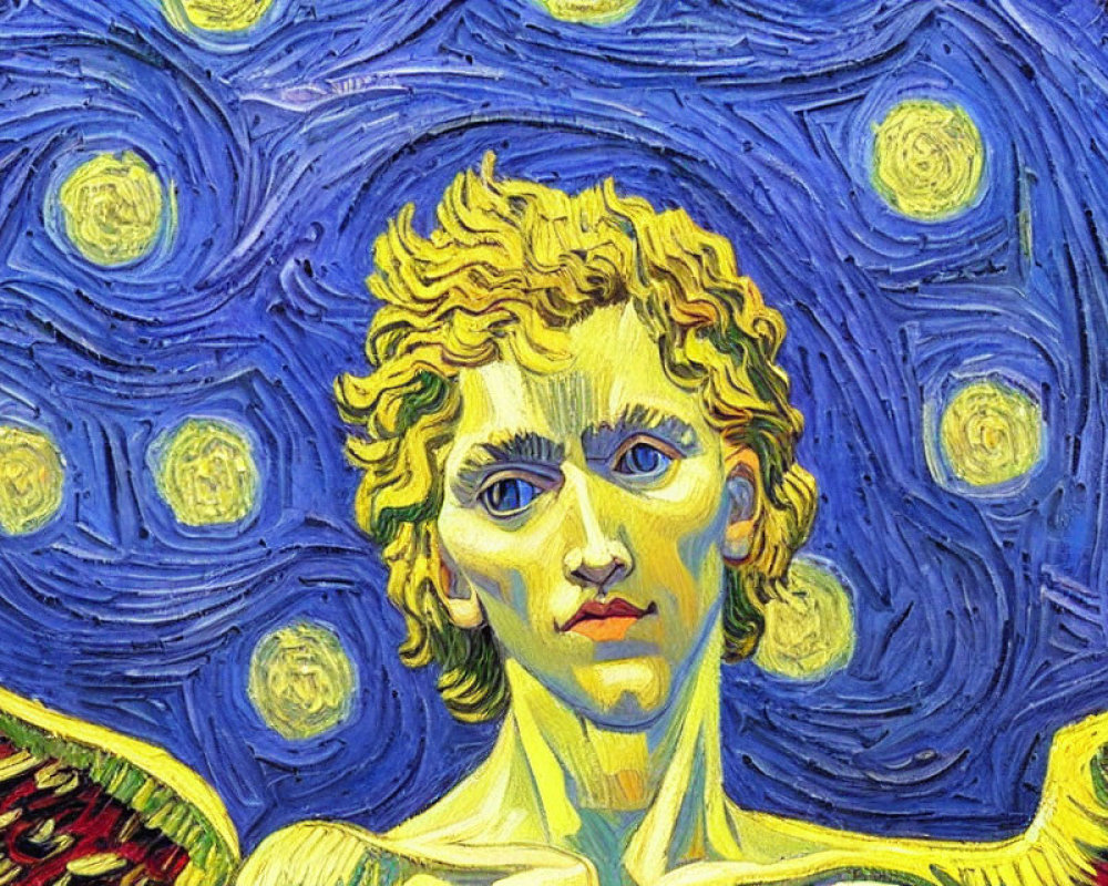 Person with Curly Hair in Post-Impressionist Style Against Blue Starry Background