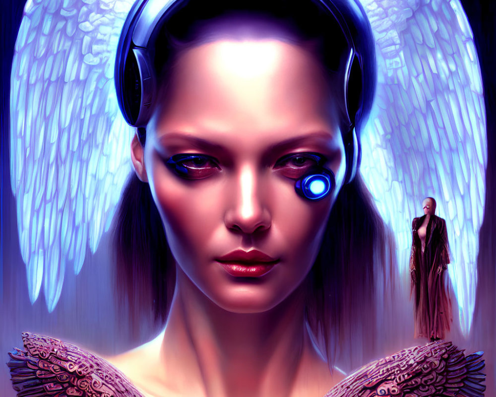 Futuristic woman with electronic eye, headphones, and luminescent wings.