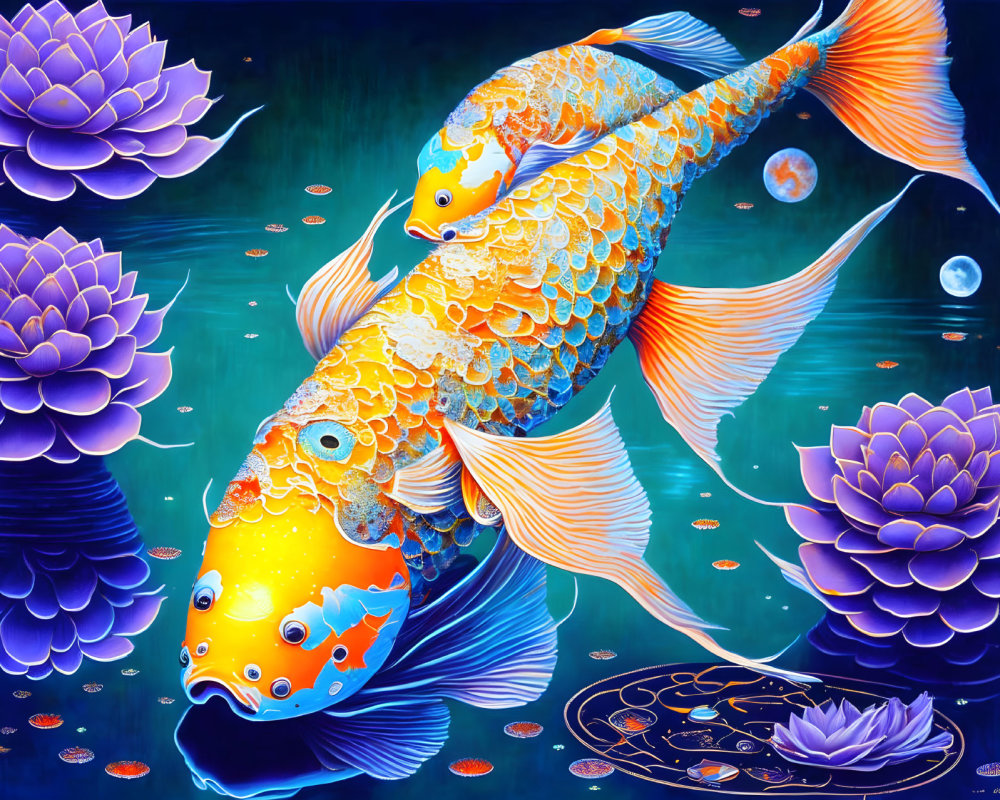 Vibrant koi fish among purple lotus flowers in blue water scene.