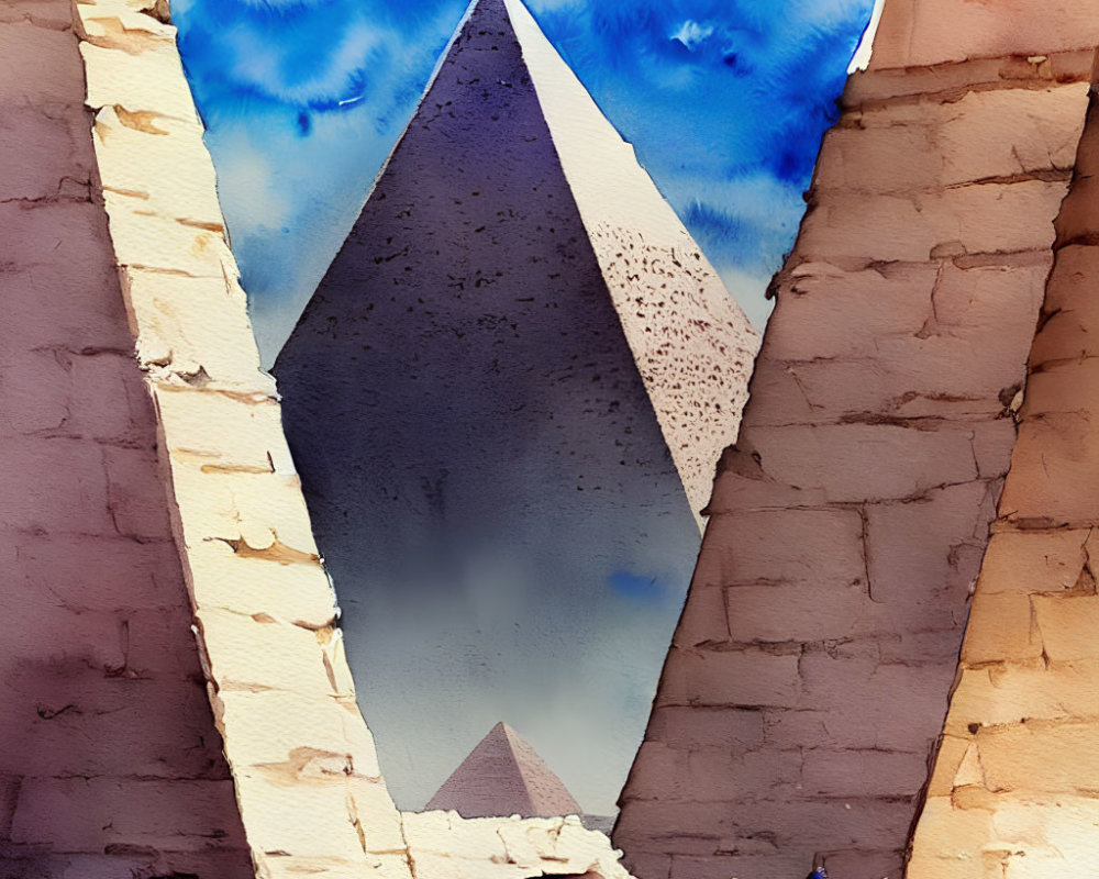 Surreal image of inverted pyramid, ancient ruins, person, and horse