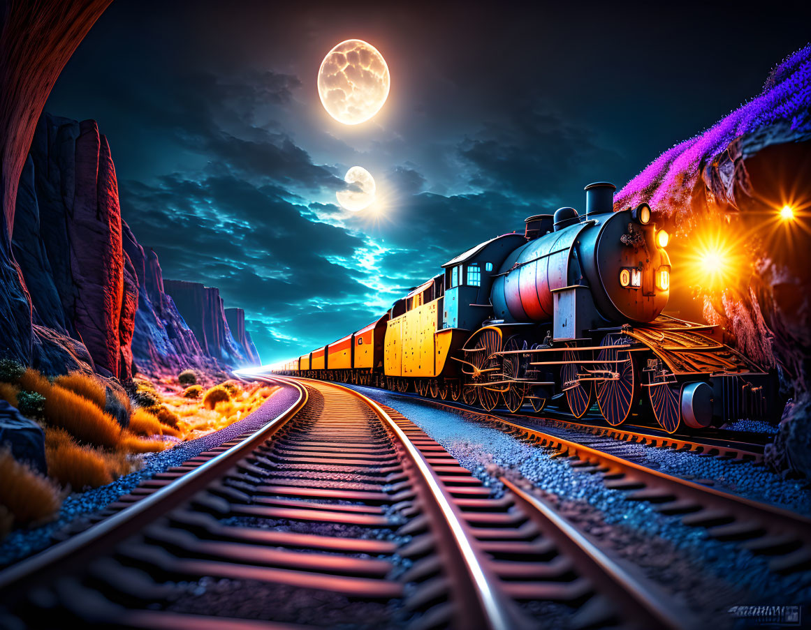 Vintage train chugging along rocky outcrops under full moon