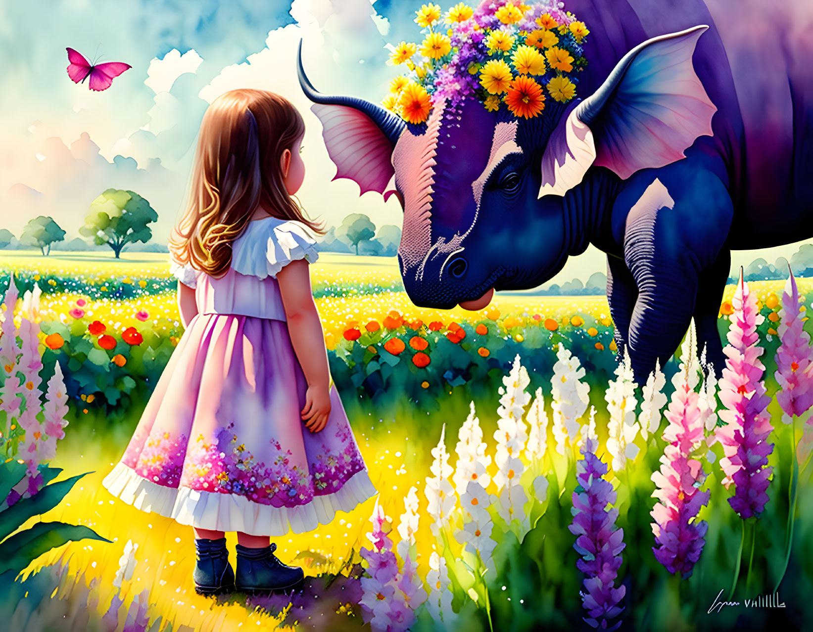 Young girl in floral dress meets blue rhinoceros in flower-filled field