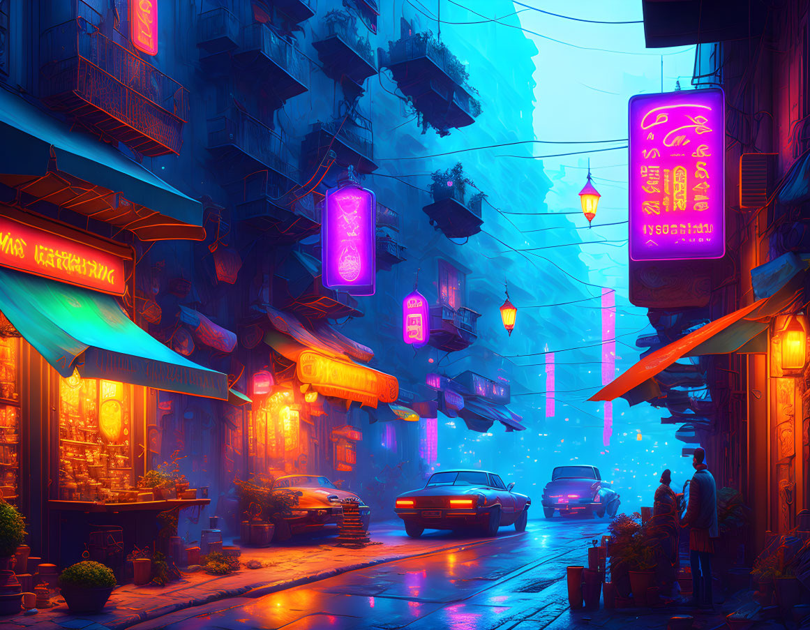 Neon-lit futuristic city street at dusk with hanging lanterns