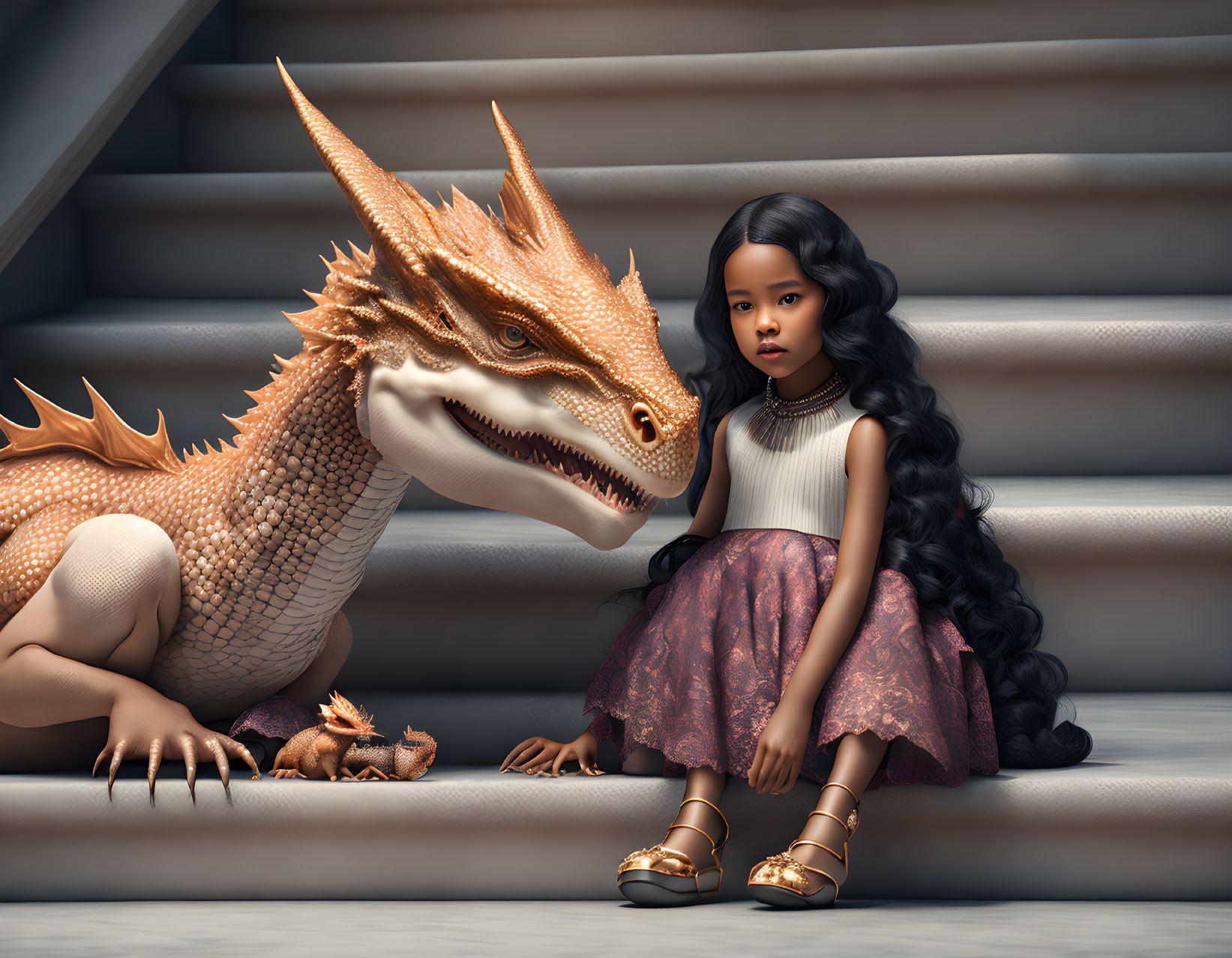 Young girl with black hair beside orange dragon on staircase with tiny dragon.