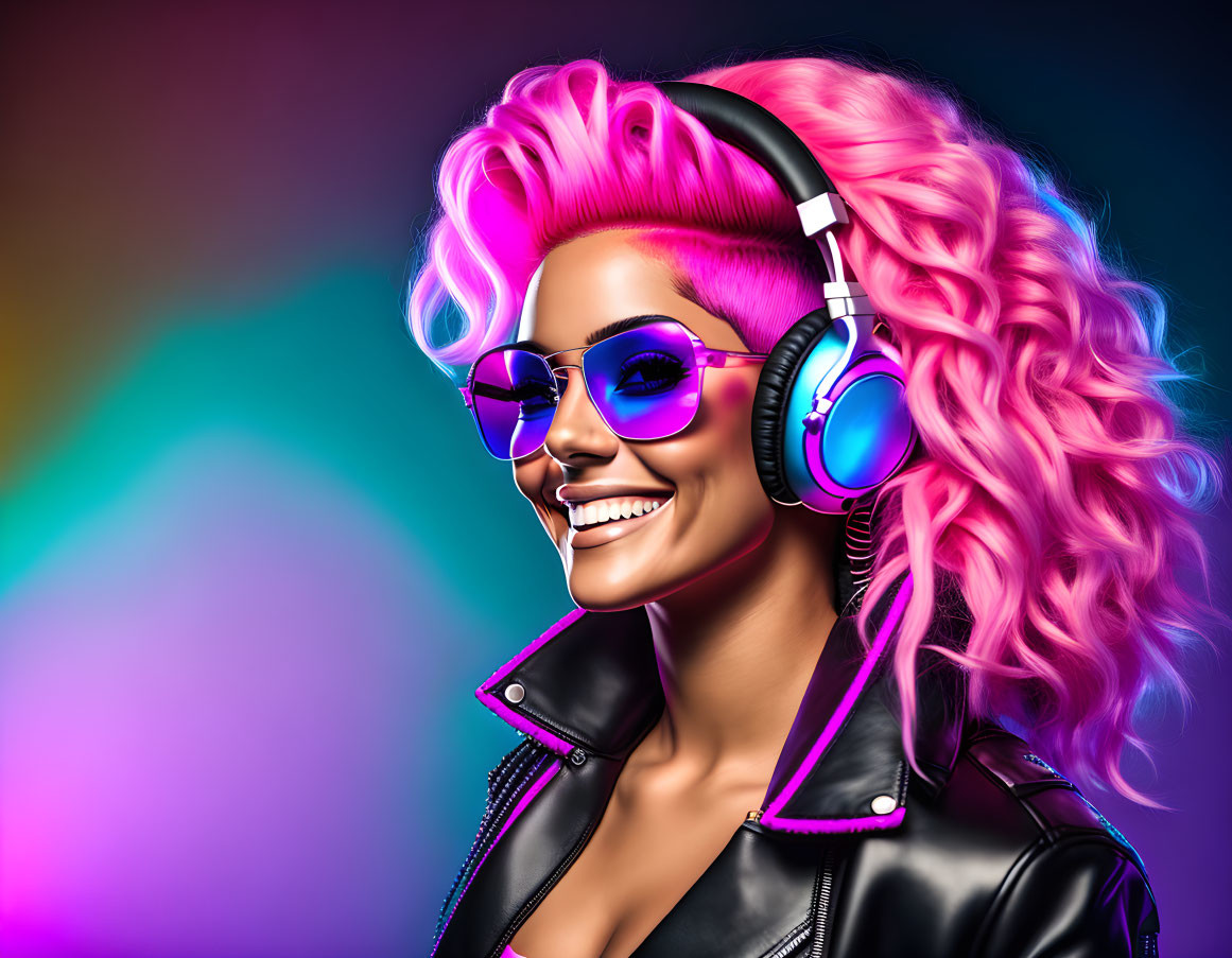 Colorful illustration: Woman with pink hair, headphones, and sunglasses smiling.