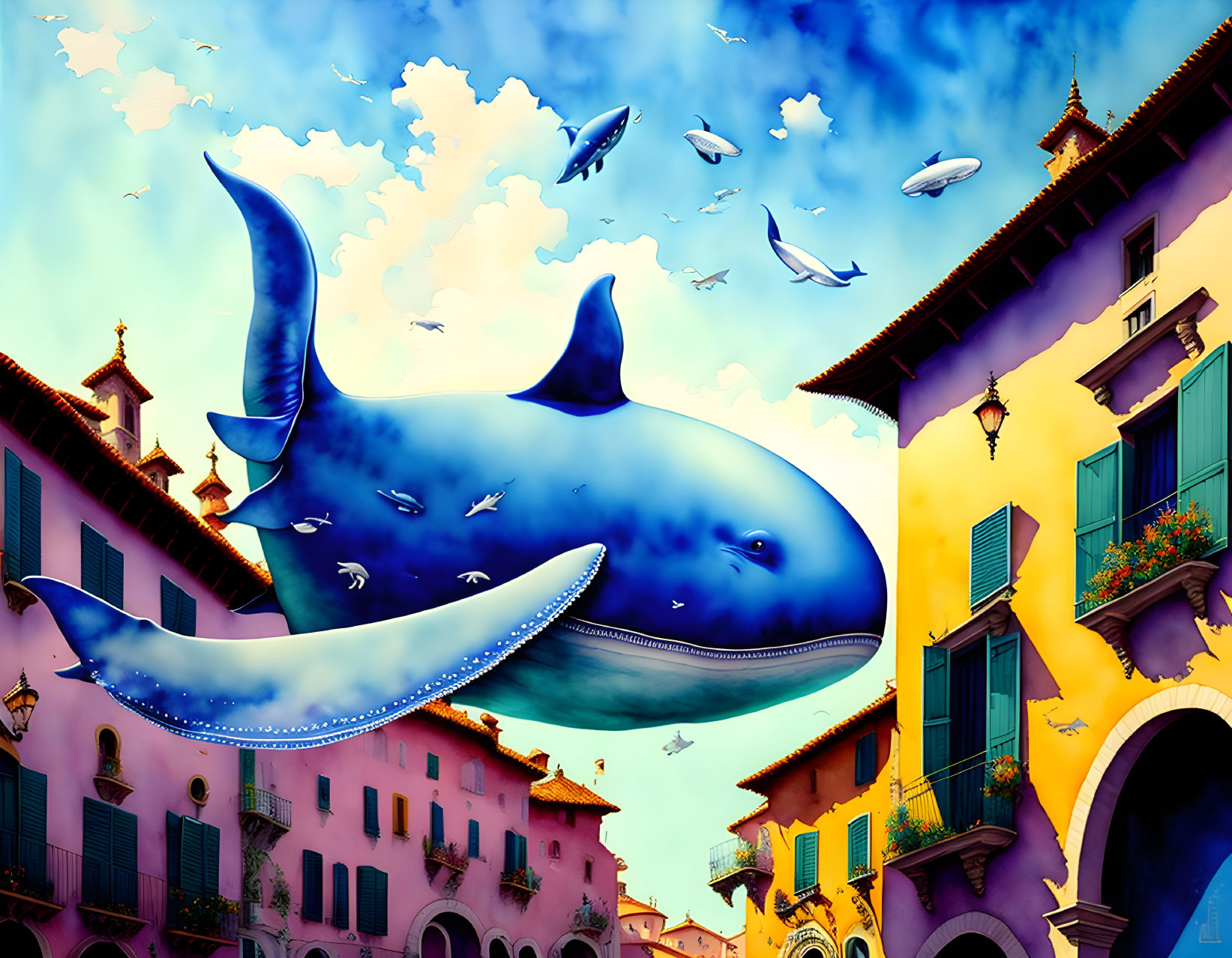 Whimsical illustration of giant blue whale above Italian-style village