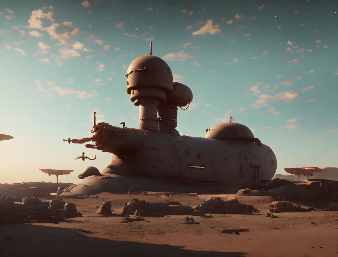 Futuristic desert outpost with dome-like buildings and antennas at dawn or dusk