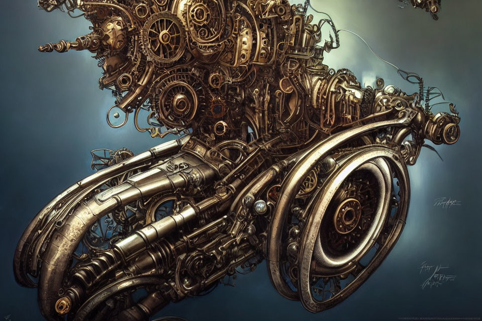 Detailed Steampunk-Style Motorcycle Drawing with Gears and Pipes