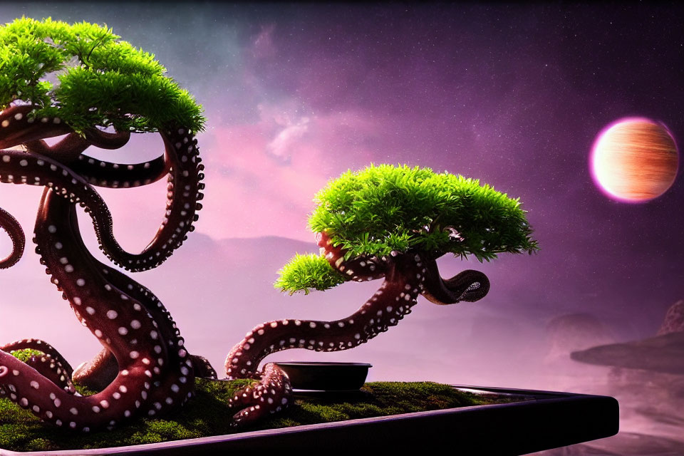 Surreal landscape featuring bonsai trees styled as octopus tentacles under a cosmic sky