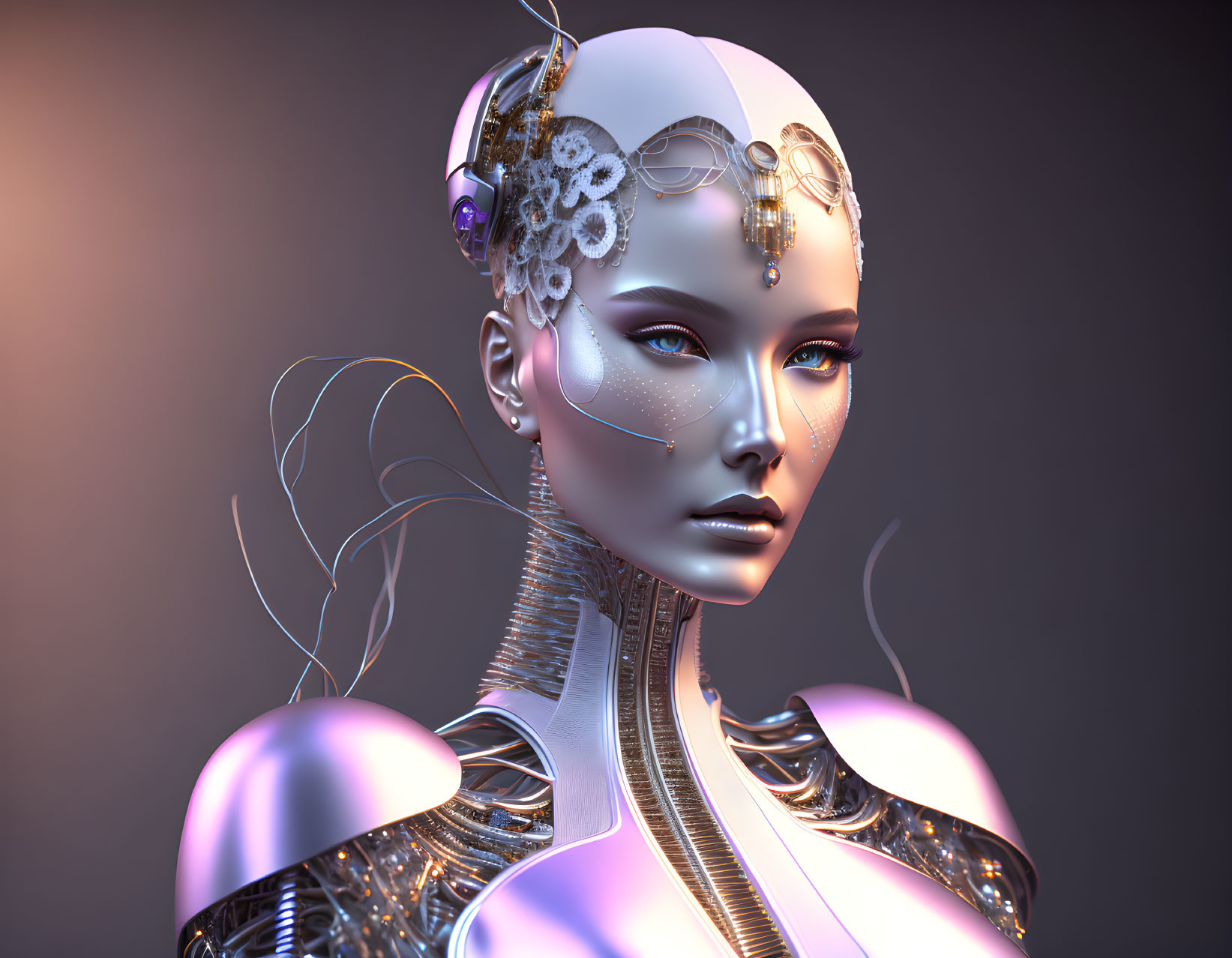 Sophisticated Female Android with Headgear and Metallic Neck Armor