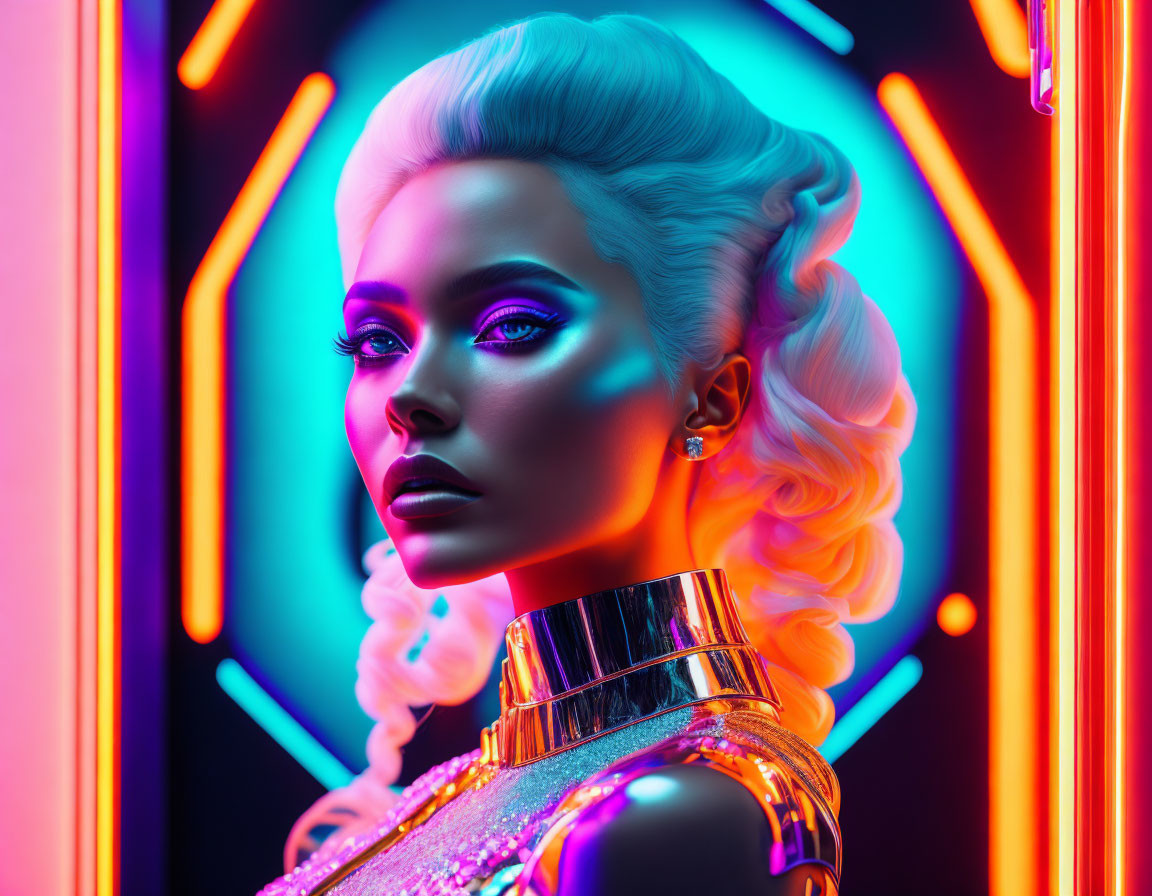 Stylized woman with neon hair and makeup in vibrant blues and oranges