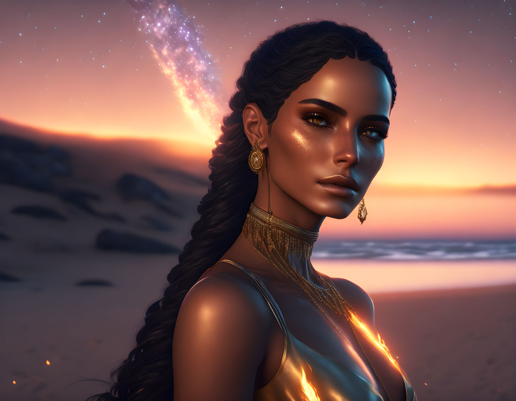 Woman with braided hairstyle and gold jewelry on twilight beach.