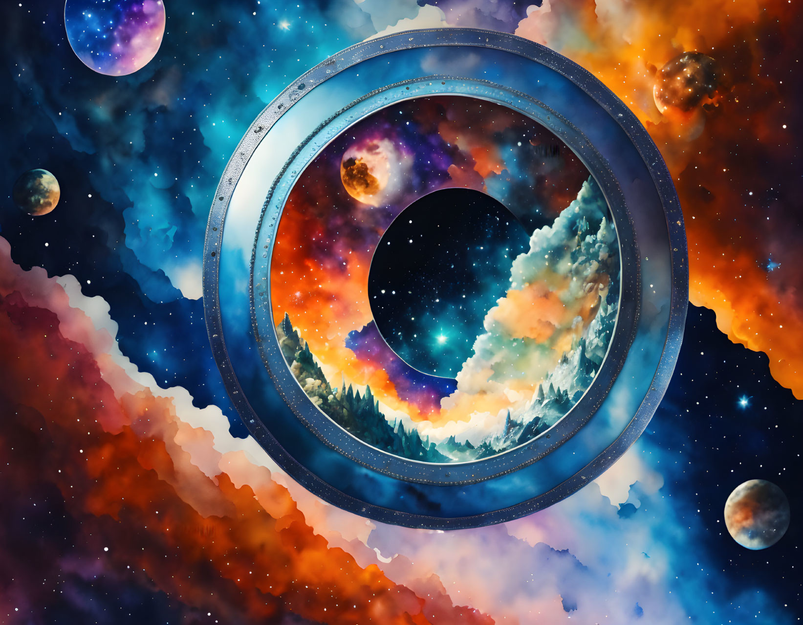 Circular Portal Frames Surreal Cosmic Landscape