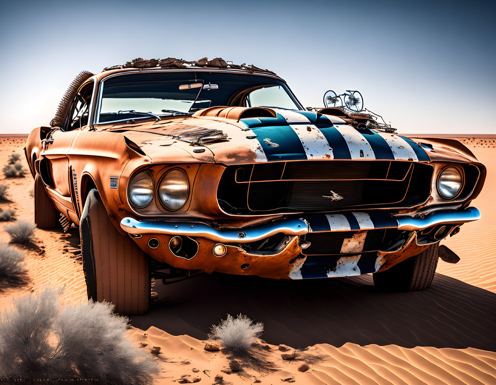 Vintage muscle car with racing stripes in desert setting