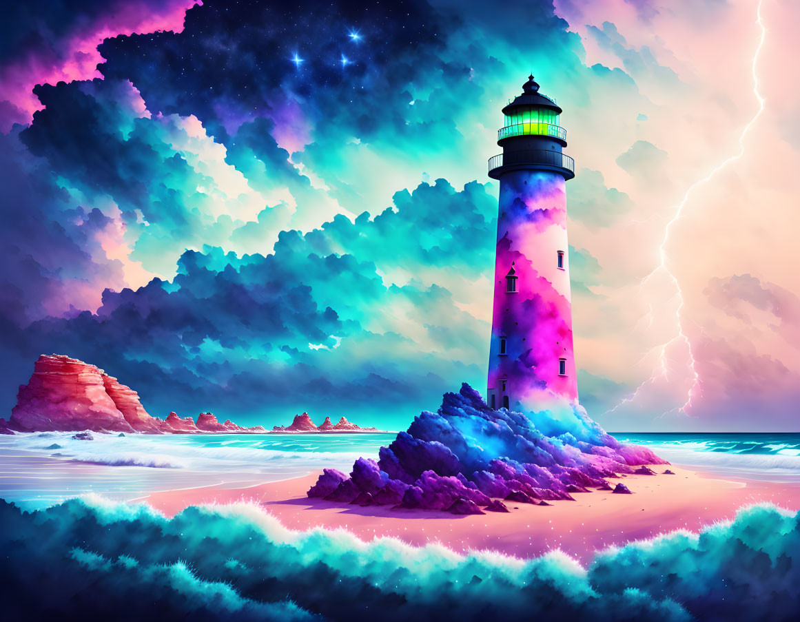 Surreal lighthouse scene on rocky isle under starry sky