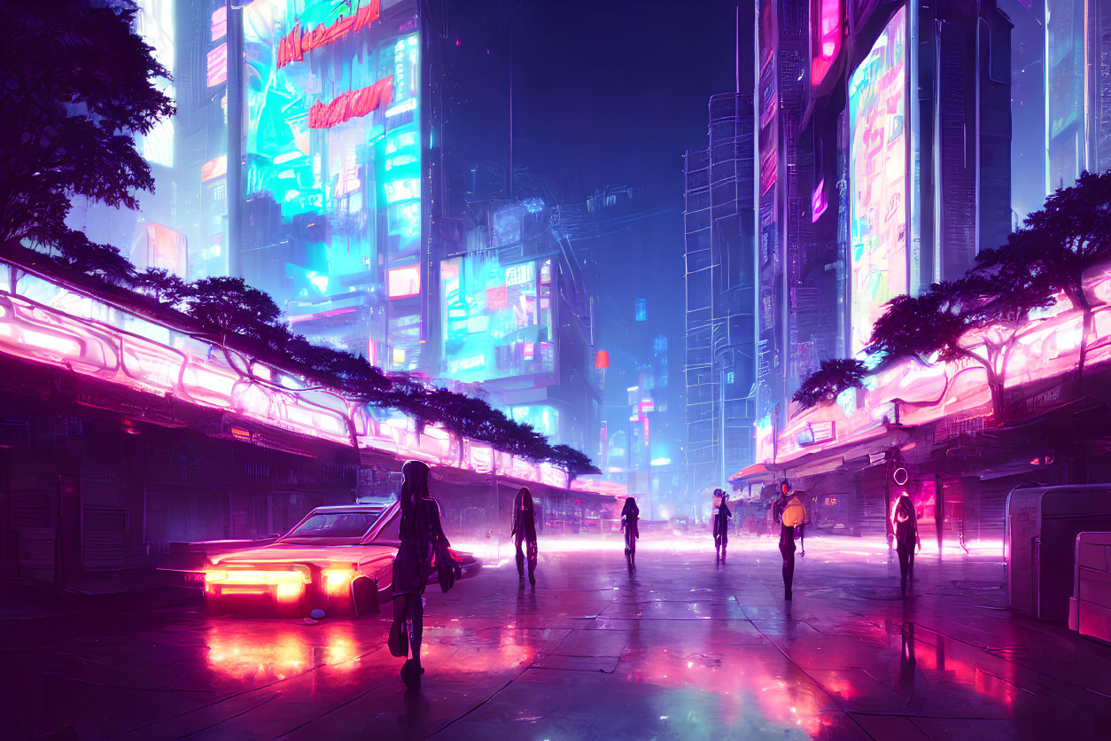 Futuristic cityscape with neon signs, hovering car, and silhouetted figures