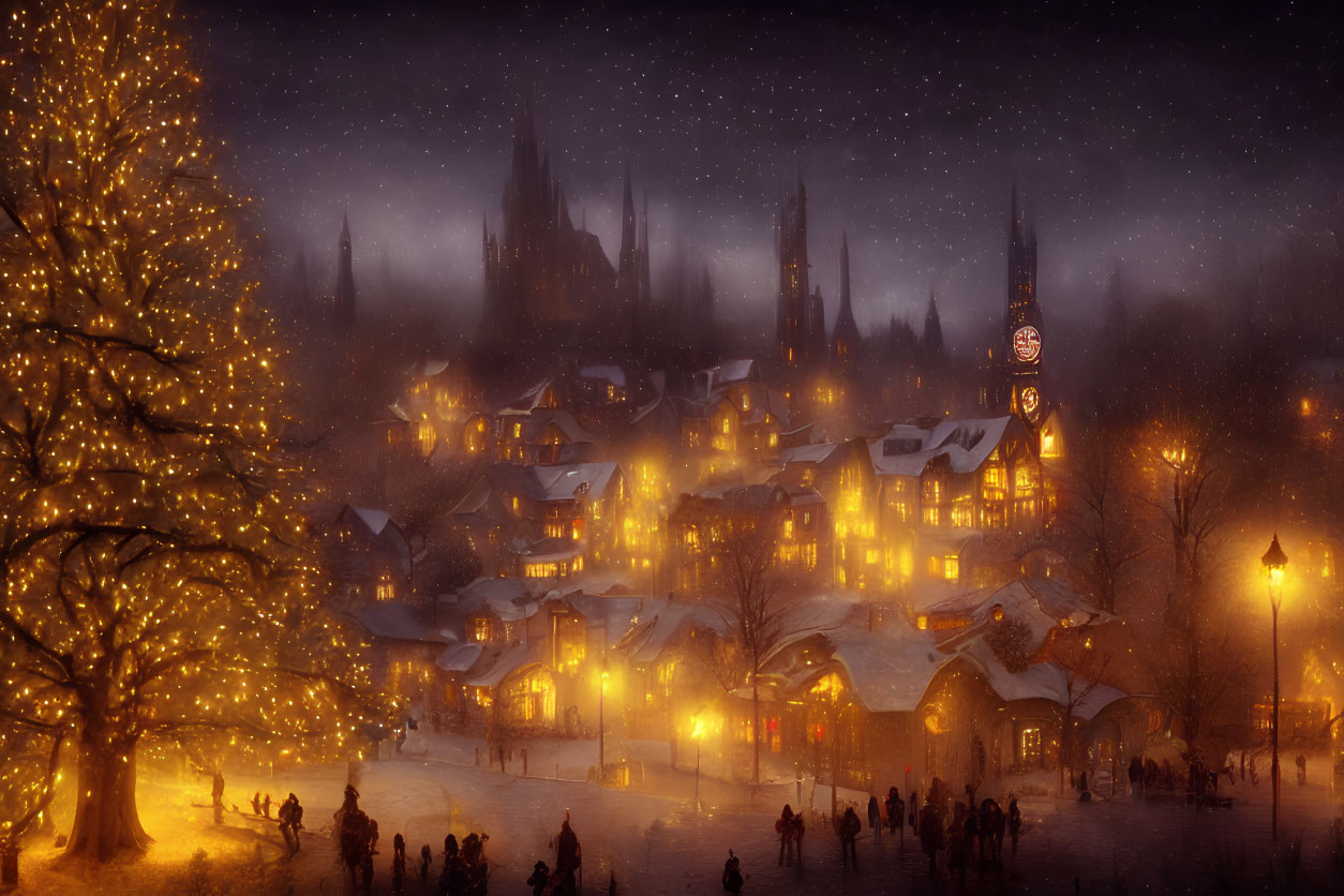 Snowy village night with lit-up tree and castle