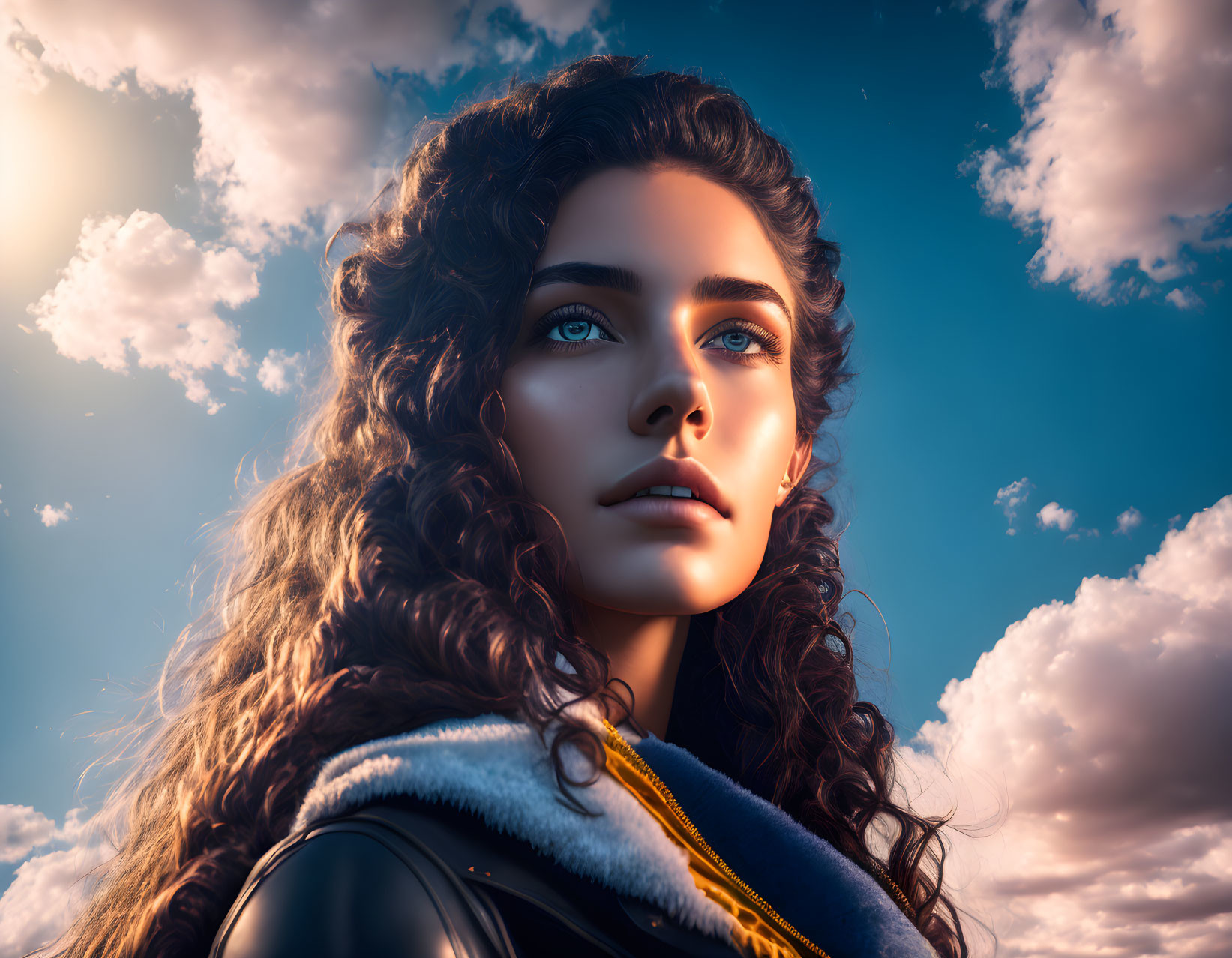 Digital portrait of woman with curly hair and blue eyes in leather jacket against cloudy sky