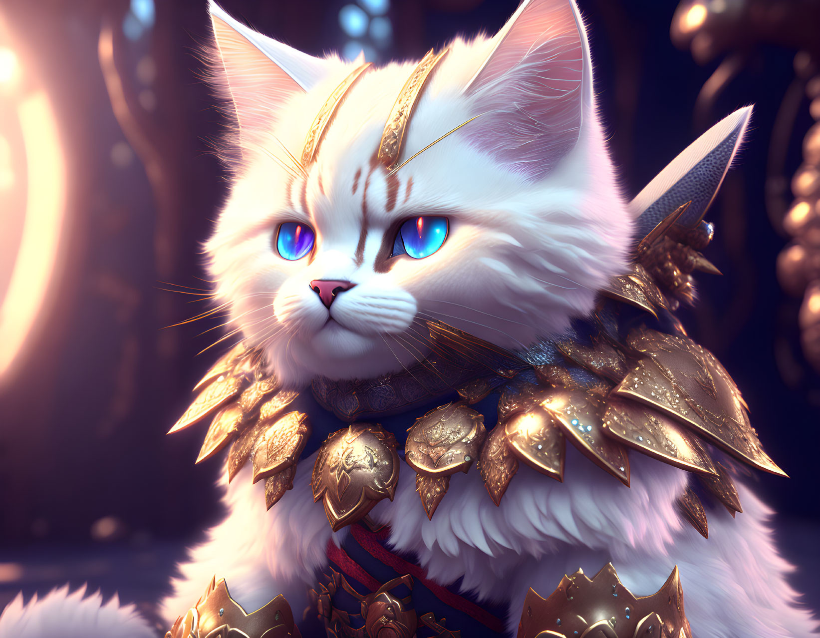 White Cat in Golden Armor with Blue Eyes: Regal and Majestic