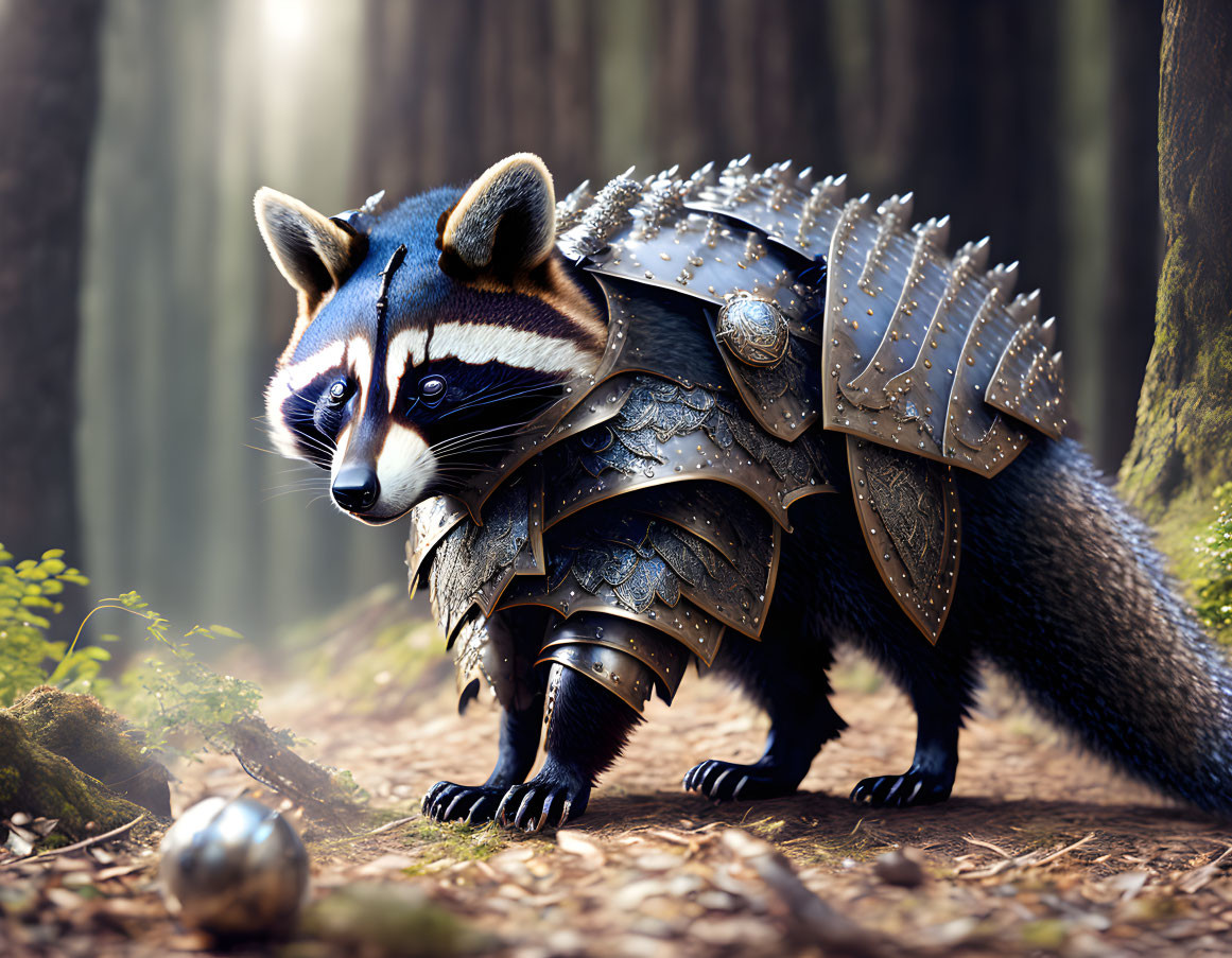 Fantasy armor-clad raccoon in sunlit forest with metal ball