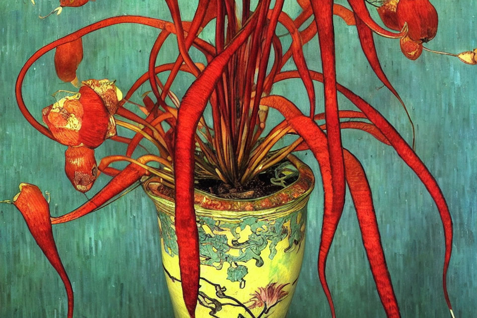 Colorful Painting: Red Pitcher Plants in Yellow Pot on Teal Background