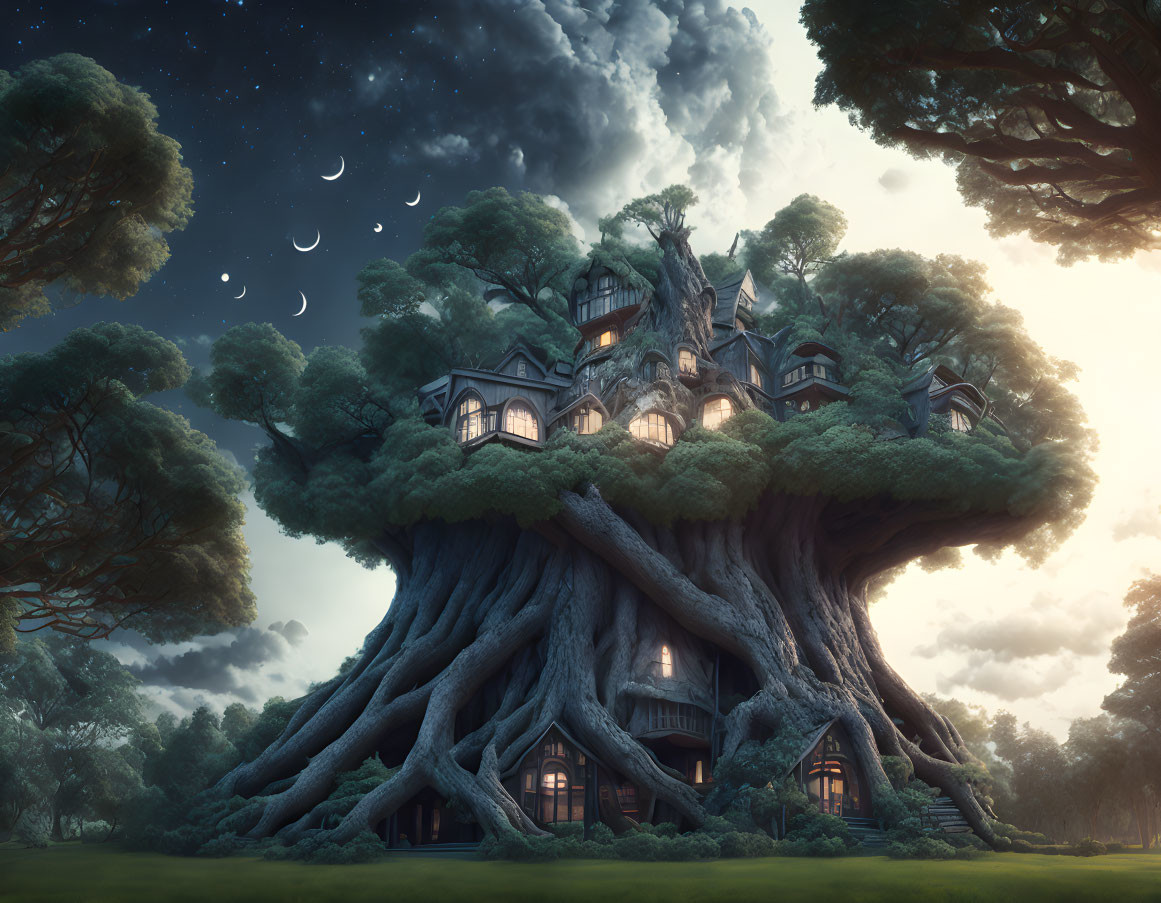 Whimsical illuminated treehouse in ancient tree under starry sky