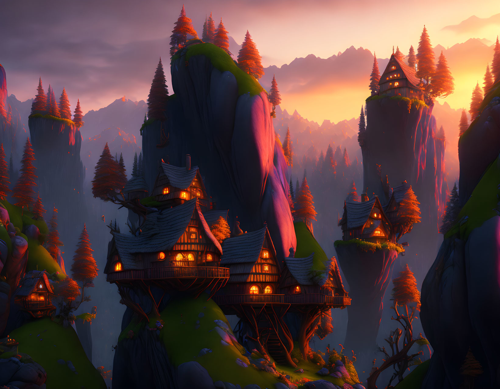 Majestic sunset fantasy landscape with rock formations and treehouses