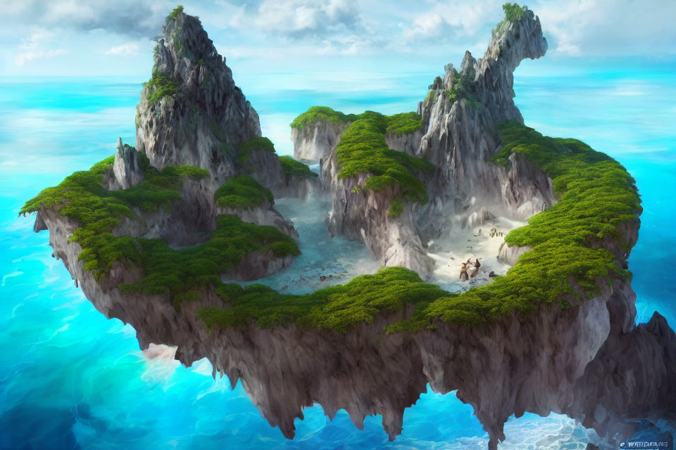 Scenic floating island with greenery, rocky peaks, and horse rider by tranquil beach