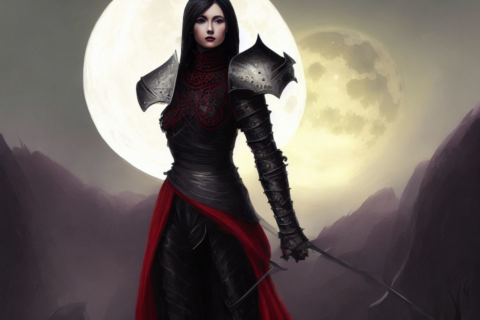 Female warrior in dark armor wields sword under full moon