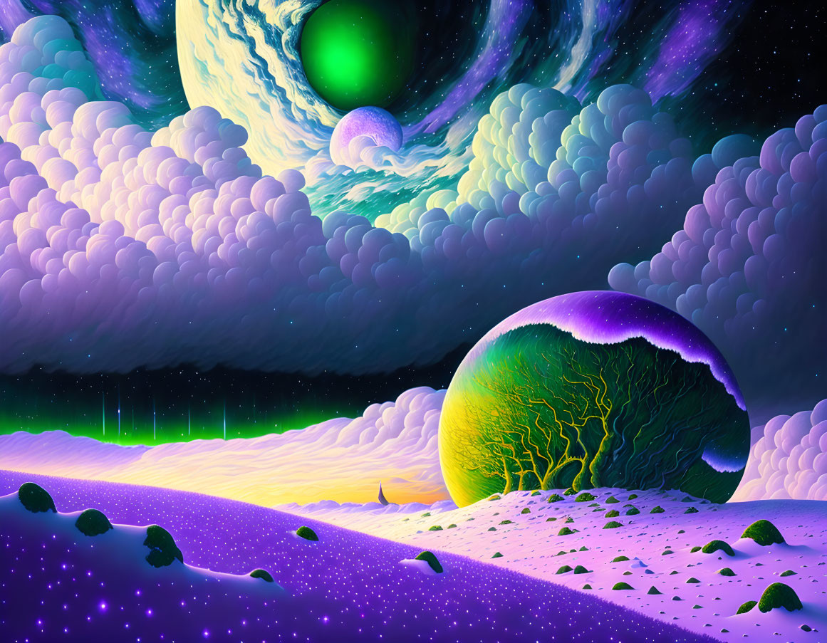 Colorful sci-fi landscape with broken sphere, barren ground, starry sky, green aurora,