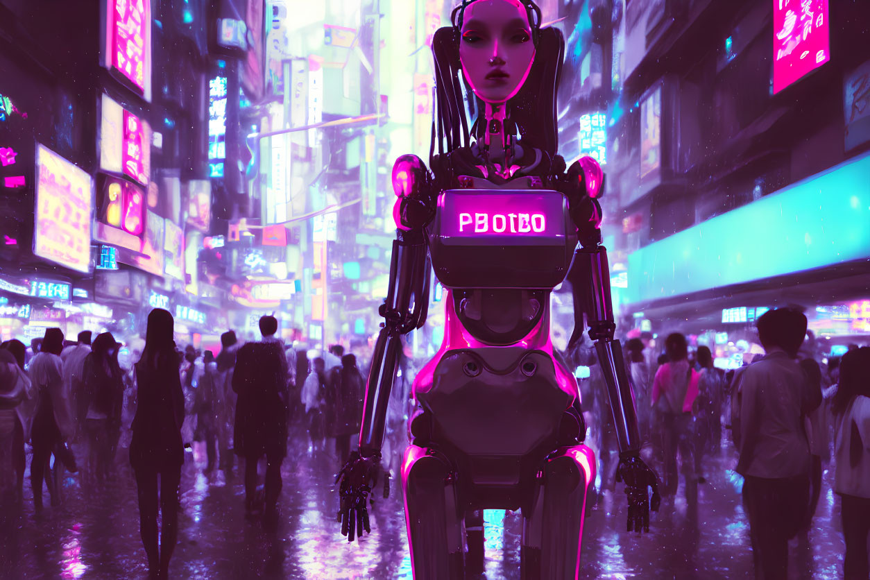 Female android in neon-lit city street with "PROTO" on chest