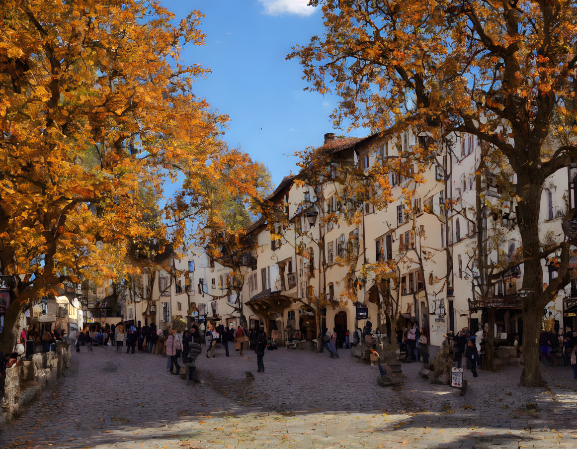 Historic Square with Traditional Buildings and Autumn Foliage