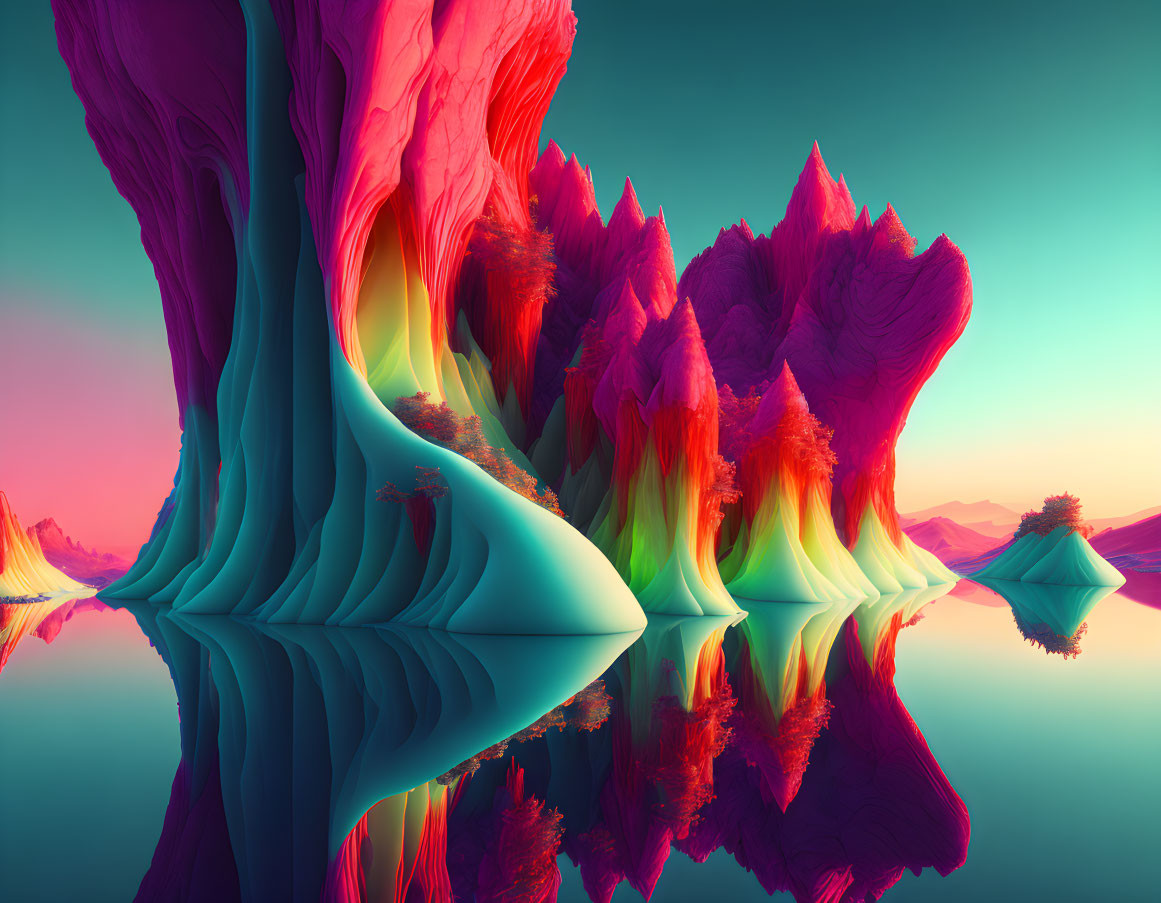 Surreal landscape with colorful rock formations reflected in calm water