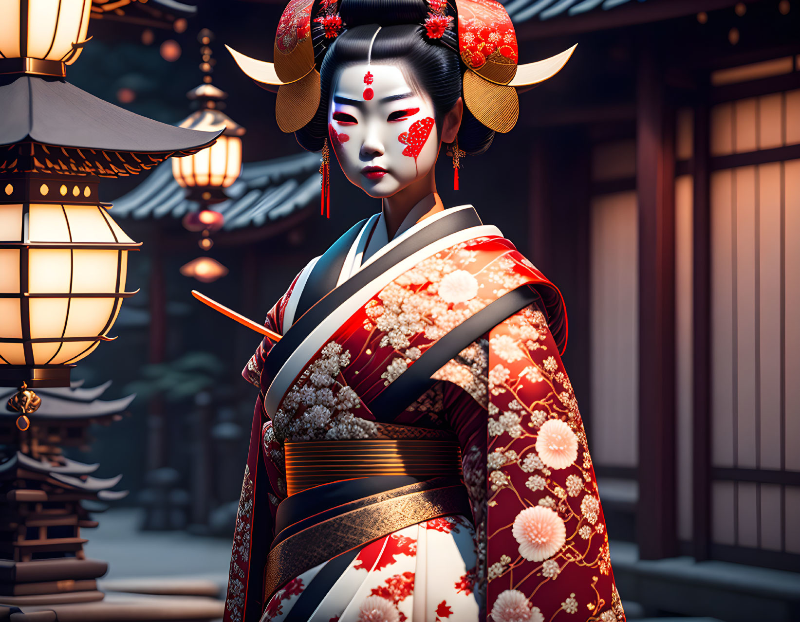 Elaborate Geisha in Traditional Japanese Setting