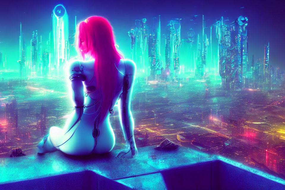 Futuristic image of woman with pink hair and cybernetic enhancements in neon-lit cityscape