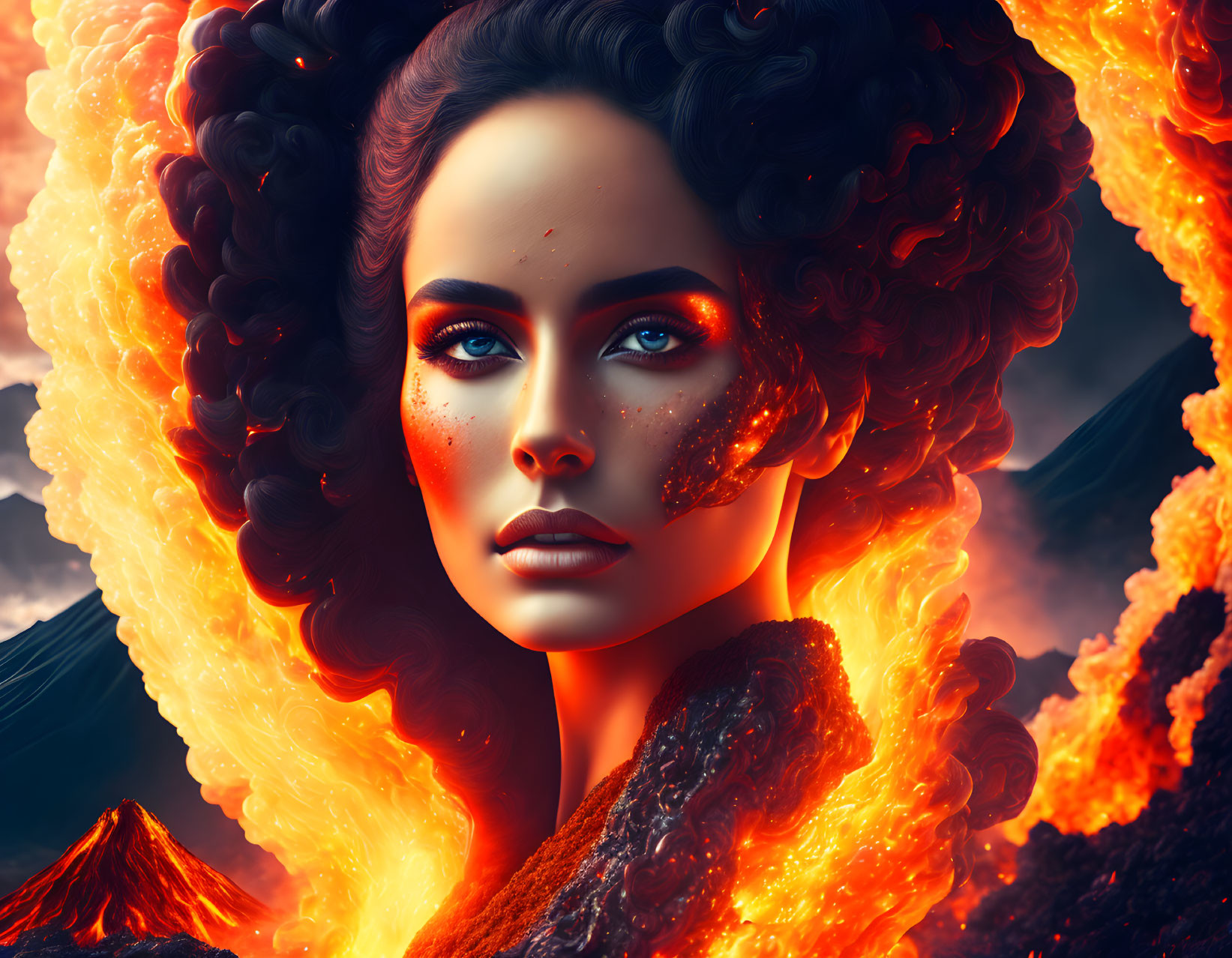 Portrait of woman with fiery hair and makeup against volcanic backdrop