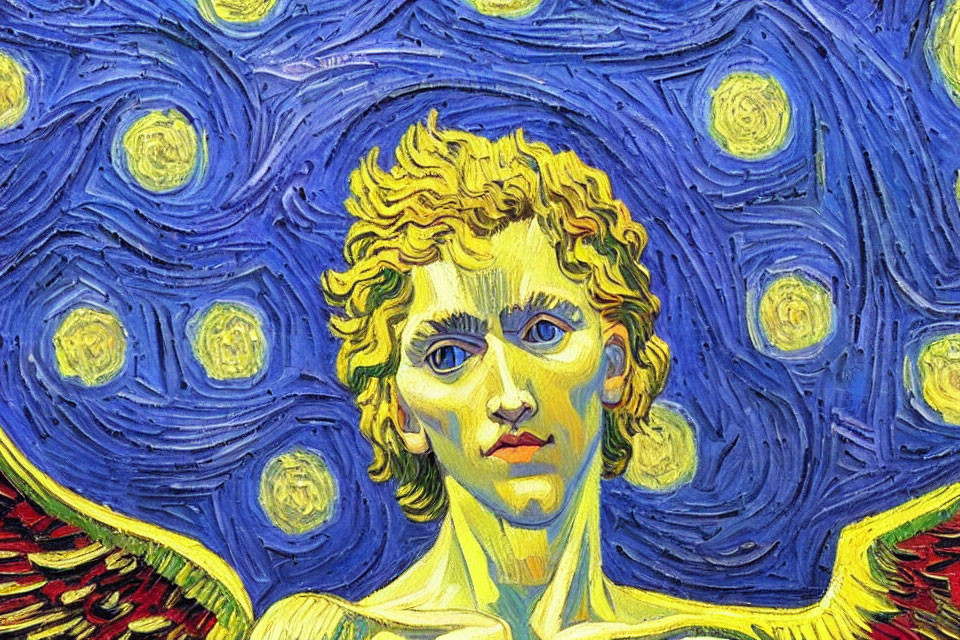 Person with Curly Hair in Post-Impressionist Style Against Blue Starry Background