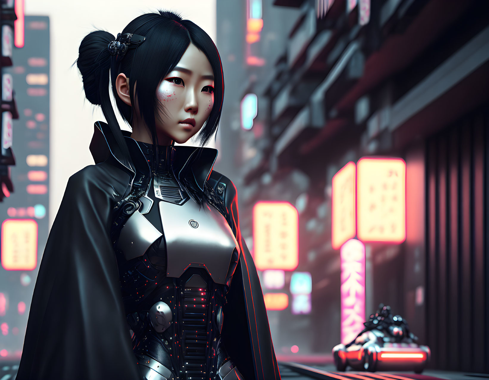 Futuristic cyberpunk digital art of woman in neon-lit alley