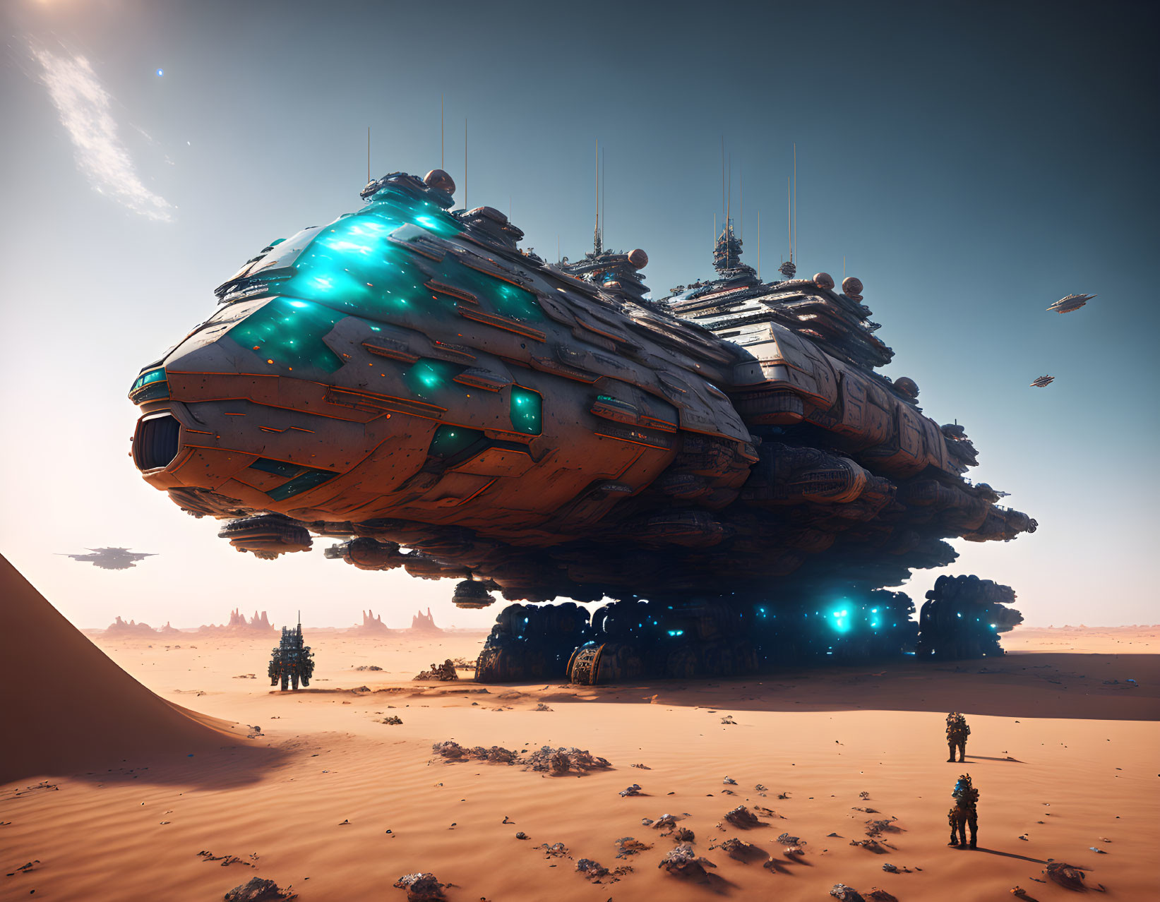 Gigantic spaceship over desert with figures and flying crafts