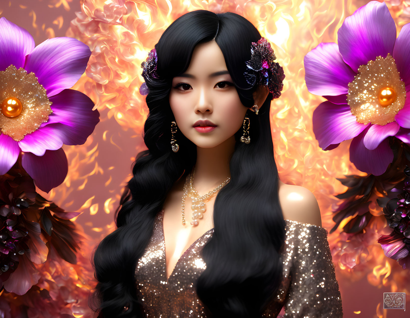 Digital art portrait: Woman with dark hair, surrounded by purple flowers and flame patterns, in gold dress