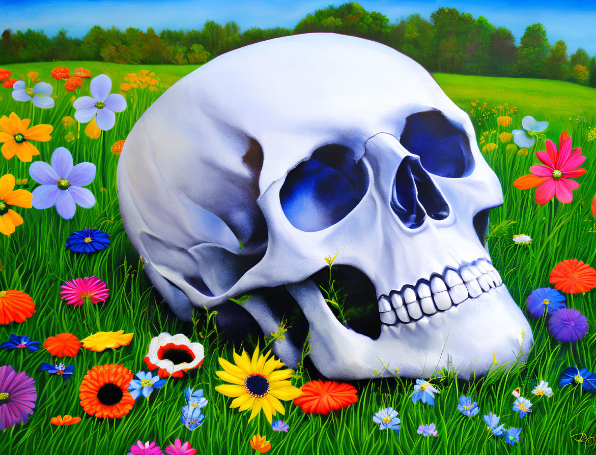 Hyper-realistic skull in colorful wildflower field with serene sky