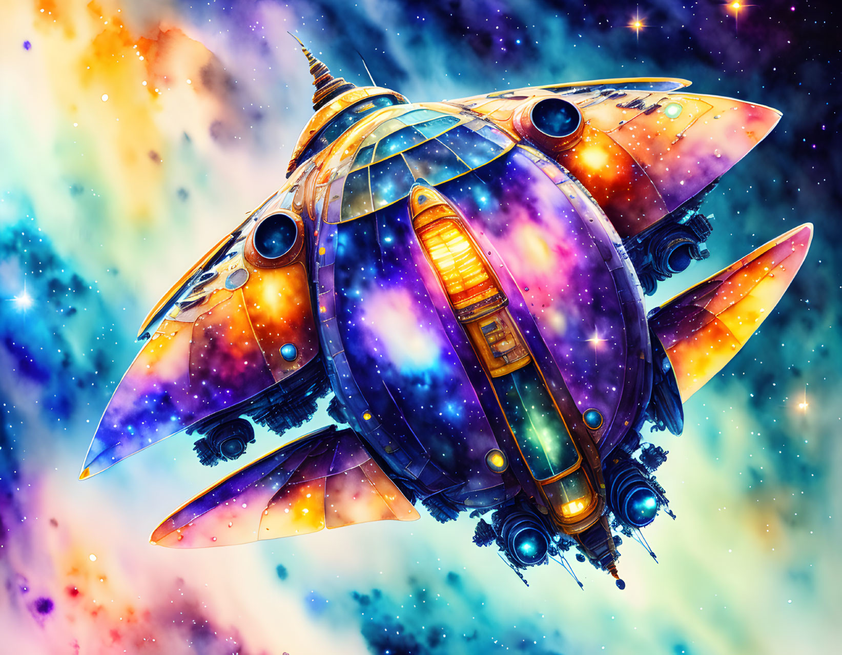 Futuristic spaceship illustration in colorful nebula