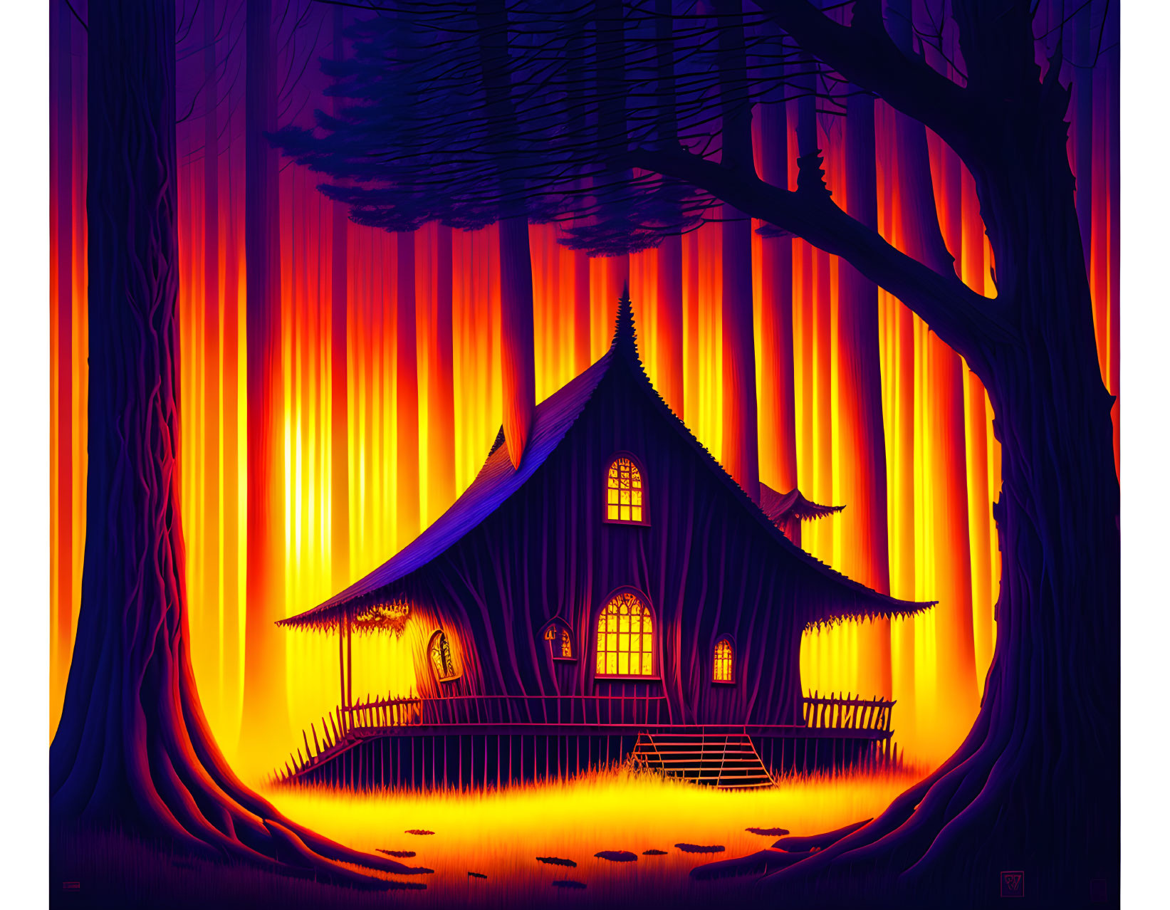 Illustration of mystical house in vibrant orange and purple hues