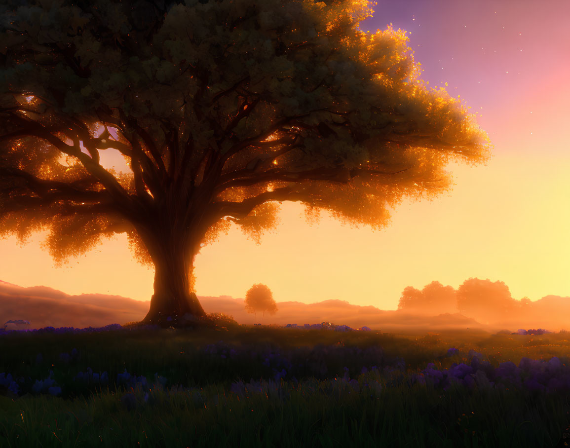 Majestic tree with golden leaves at sunset under purple sky